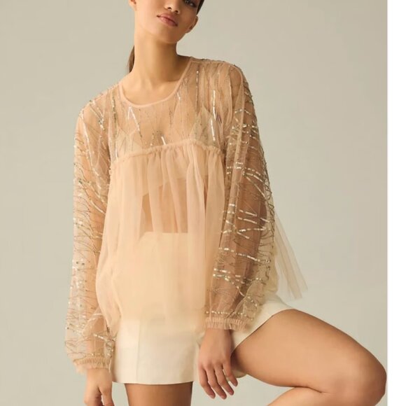 Anthropologie Sheer Sequin Tulle Top Coquette Embellished Angel Blouse - Picture 1 of 4